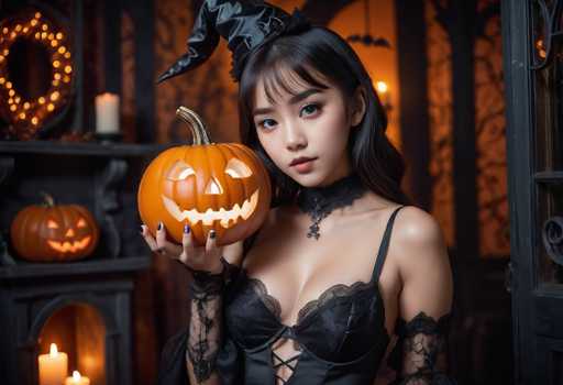 A woman dressed as a witch is holding an orange pumpkin with a carved face and wearing a black corset and top hat. The setting appears to be a dark room with a fireplace and a window in the background.