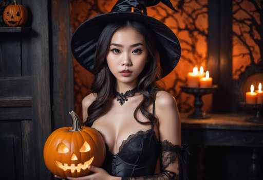 In this AI-generated image, a young Asian woman is depicted in a Halloween-themed setting. She has long, dark brown hair and is wearing a large, black witch's hat adorned with an orange buckle. Her attire includes a black corset with lace details, a lace choker, and lace sleeves that extend from her elbows to her wrists. She is holding a carved pumpkin with a jack-o'-lantern face, and her expression is serious as she looks directly at the camera. The background features a dark, eerie ambiance with orange lighting, a wooden door, and a table with lit candles. Additionally, there is a small pumpkin on a shelf in the top left corner of the image. The overall scene is rich in Halloween elements, creating a spooky yet captivating atmosphere.
