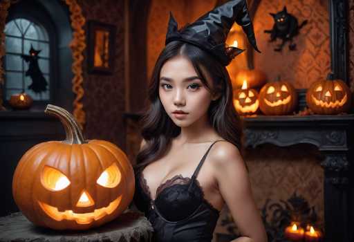 In this detailed Halloween-themed photograph, a young Asian woman with long, dark hair and striking blue eyes stands at the center, exuding confidence and allure. She is dressed in a black, lacy negligee with a single strap over her shoulder, complemented by a shiny black witch's hat perched atop her head. Her pose is direct and engaging, as she gazes straight into the camera. To her left, a large, illuminated jack-o'-lantern sits on a table draped with a gray cloth, casting a warm glow. The background is rich with festive details: a mirror reflects a witch flying in front of a full moon, while a fireplace adorned with a mantle holds three more glowing jack-o'-lanterns. Additional lit candles and a black cat statue add to the eerie ambiance, making the entire scene feel like a perfect Halloween setting.