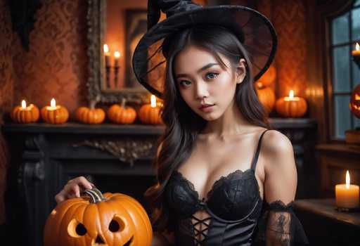 In this detailed Halloween-themed photograph, a young Asian woman, likely in her early 20s, stands in the center of a dimly lit room. She has long, dark brown hair cascading over her shoulders and striking blue eyes. She is dressed in a black corset with lace detailing and a thin black strap over her left shoulder, complemented by black lace sleeves. Atop her head, she wears a classic black witch's hat with a wide brim. In her right hand, she holds a carved jack-o'-lantern, its eyes and mouth clearly visible. The background features a fireplace adorned with a mirror above it and a mantle lined with numerous small, lit pumpkins. To her left, a window with a wooden sill is partially visible, and a candle sits on the sill. The room's wallpaper is a dark orange with a floral pattern, adding to the spooky ambiance.
