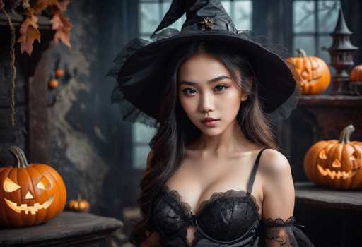 In this AI-generated image, a young Asian woman with long, wavy brown hair and striking blue eyes is depicted in a Halloween-themed setting. She is adorned in a black, lacy corset with a single strap over her left shoulder, complemented by black lace sleeves that extend from her elbows to her wrists. Atop her head sits a large, black witch's hat, embellished with a gold brooch at the front. The background features a dark, eerie room with peeling wallpaper and a wooden table to her left, which holds a carved jack-o'-lantern. Additional jack-o'-lanterns are scattered around the room, including one on a table to her right and another on a shelf. A small birdhouse is perched on a shelf in the back right corner, and a window with a black frame is visible behind her. The overall atmosphere is spooky and mysterious, perfectly capturing the Halloween spirit.