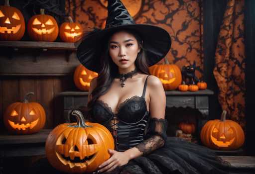 In this detailed Halloween-themed photograph, a young Asian woman is seated on a wooden bench, surrounded by an array of illuminated jack-o'-lanterns. She is dressed in a striking black gothic outfit, featuring a corset with lace details, a choker, and a long-sleeved black dress. Her ensemble is completed with a large witch's hat, and her long, dark hair cascades down her shoulders. The woman is holding a large orange pumpkin with a jack-o'-lantern face, and her expression is serious as she looks directly at the camera. The background is adorned with orange wallpaper featuring black bat and spider web patterns, enhancing the spooky atmosphere. Behind her, a wooden shelf holds several more glowing jack-o'-lanterns, and a black cat with glowing eyes sits on a table, adding to the eerie ambiance. The overall scene is richly detailed, capturing the essence of Halloween with its dark, gothic elements and the warm glow of the carved pumpkins.