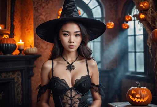 In this detailed Halloween-themed photograph, a young Asian woman, likely in her early 20s, stands in the center of a dimly lit room. She has long, dark brown hair and is wearing a large, black witch's hat that partially obscures her hair. Her attire includes a black corset with thin straps and a lace top, complemented by a black choker necklace with a star-shaped pendant. The room is adorned with various Halloween decorations, including carved pumpkins with glowing candles, one prominently placed on a wooden table to her right. The background features a fireplace with a mirror above it, a candle, and a couple of pumpkins. Two arched windows with black frames are visible, adding to the eerie ambiance. The overall scene is bathed in a mix of orange and yellow light, enhancing the spooky Halloween atmosphere.