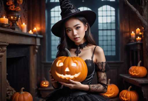 In this AI-generated image, a young Asian woman is dressed in a gothic witch costume, complete with a black witch hat and a black corset-style dress. She holds a large, illuminated jack-o'-lantern in her hands, which adds a spooky touch to the scene. The setting is a dimly lit room with dark brown wooden walls and a large window in the background, through which a gray sky is visible. The room is adorned with numerous other jack-o'-lanterns, some placed on a table to her right and others scattered on the floor to her left. Candles are lit on a mantel above a fireplace on the left side of the image, casting a warm glow that contrasts with the overall dark ambiance. The woman's expression is neutral, and she gazes directly at the camera, creating an eerie yet captivating atmosphere.