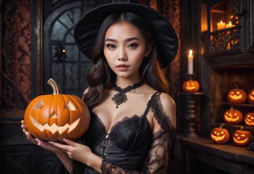 In this detailed Halloween-themed photograph, a young Asian woman, likely in her late teens or early twenties, stands as the central figure. She has long, dark brown hair cascading over her shoulders and wears a large, wide-brimmed black witch's hat. Her attire is a striking black corset with lace sleeves, complemented by a choker necklace adorned with a large, ornate pendant. She holds a carved jack-o'-lantern in her right hand, which is positioned to the left side of the image. 

The background features a dark, eerie ambiance with a large, arched window that appears to be covered in fog, adding to the spooky atmosphere. To the right of the woman, a wooden table is laden with several more jack-o'-lanterns, and above it, a shelf holds additional candles. The setting is further enhanced by the presence of orange wallpaper with a black design, contributing to the overall Halloween theme. The woman's expression is serious, and she gazes directly at the camera, creating a captivating and slightly mysterious scene.
