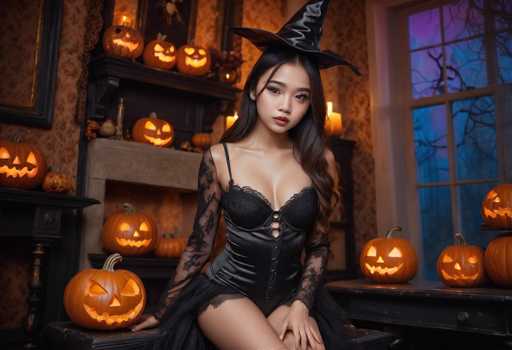 A woman is seated on a chair in front of a fireplace with a pumpkin and two jack-o-lanterns on the table behind her. She is wearing a black corset and a witch's hat.
