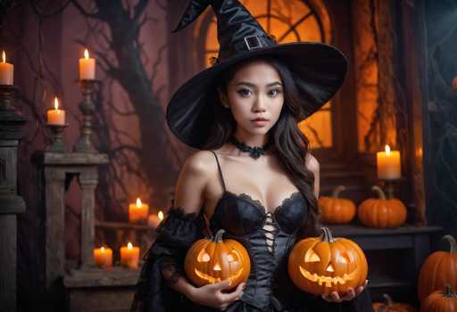 In this detailed Halloween-themed photograph, a young Asian woman, likely in her early 20s, stands at the center of the frame. She has long, dark brown hair cascading over her shoulders and is adorned in a striking black witch's costume. Her attire includes a large, wide-brimmed witch's hat with a silver buckle, a black corset, and a black choker with a floral design. She is holding two orange jack-o'-lanterns, one in each hand, with her nails painted a vibrant red.

The background is rich with autumnal and spooky elements. To her left, a wooden table is laden with several lit candles, casting a warm glow. Behind her, a large window allows orange light to filter through, illuminating the scene. The wall behind the window is a deep red, and a bare tree stands silhouetted against the backdrop. On the right side of the image, a black table holds four more jack-o'-lanterns, adding to the festive Halloween atmosphere. The overall composition captures the essence of Halloween with its eerie yet inviting ambiance.