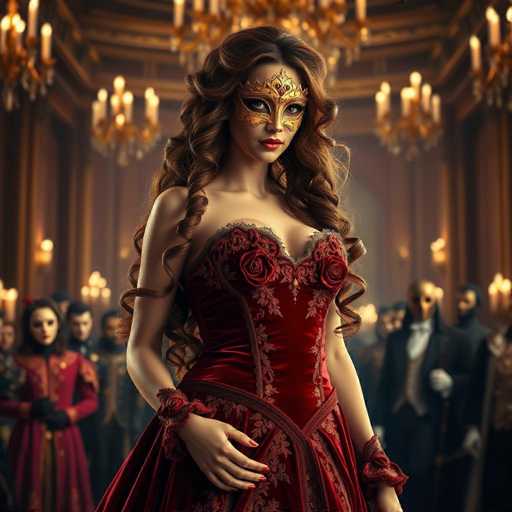 In this captivating image, a woman stands elegantly in the center of a grand ballroom, exuding an air of sophistication and mystery. She is adorned in a stunning red dress, intricately designed with roses embellishing the bust area and cascading down the front. The dress features a corset-like bodice that accentuates her figure, and the skirt flares out into a voluminous, flowing silhouette. Her long, curly brown hair cascades down her back, framing her face which is partially obscured by a golden mask. The mask, with its intricate design, covers her eyes and nose, adding an element of allure to her appearance. Her lips are painted a vibrant red, and her nails are also painted the same striking shade.

The ballroom around her is opulent, with tall ceilings adorned with chandeliers that cast a warm glow over the scene. The walls are richly decorated with gold accents, and the room is filled with other elegantly dressed individuals. To her left, a woman in a red dress stands with her hands clasped in front of her, while to her right, a man in a black suit and white gloves holds a cane. The background is slightly blurred, drawing focus to the central figure while still revealing the bustling, luxurious atmosphere of the ballroom.