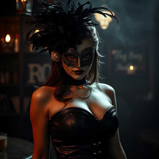 A woman is standing in front of a bar with a black feathered headdress on her head and a mask covering her face. She is wearing a black strapless dress that contrasts with the dimly lit room behind her. The background features various bottles and glasses arranged neatly on shelves, suggesting a bar or restaurant setting.