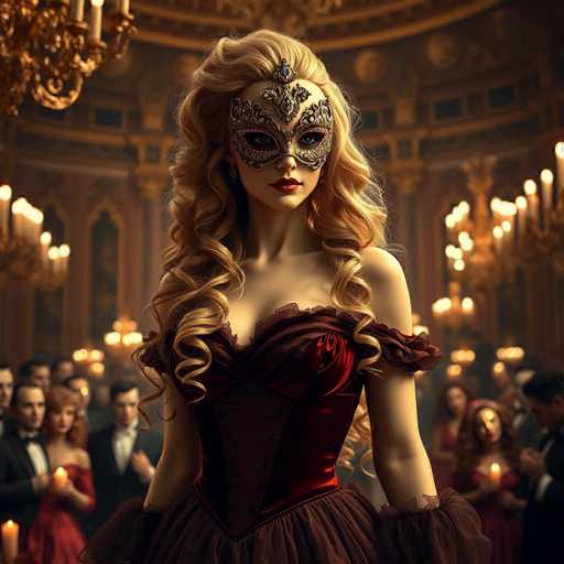 A woman with blonde hair and a mask on her face stands in front of a group of people dressed in formal attire, including tuxedos and gowns, suggesting that she is the center of attention at an event. The room has ornate decorations and chandeliers hanging from the ceiling, creating an atmosphere of elegance and sophistication.