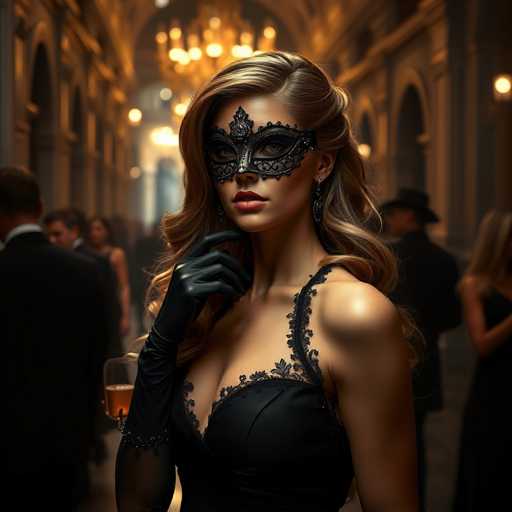 A captivating photograph captures a woman in a striking black dress, adorned with intricate lace detailing that extends from her shoulders to her chest. She wears elegant black gloves that reach up to her elbows, adding a touch of sophistication to her ensemble. Her long, wavy blonde hair cascades down, framing her face partially obscured by a delicate black mask. The mask features an ornate design around her eyes, with a central diamond shape and intricate patterns that extend down to her nose, leaving her mouth and chin bare. Her lips are painted a vivid red, contrasting beautifully with her fair complexion. She accessorizes with long, dangling earrings that add to her glamorous appearance. The woman's right hand is raised, with her index finger gently touching her chin, giving her a poised and thoughtful expression. The background is softly blurred, revealing a grand, ornate building with arched windows and a chandelier hanging from the ceiling, suggesting an elegant, possibly historic setting.