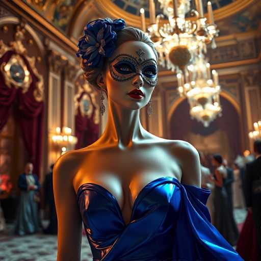 A woman wearing a blue dress with a flower on her head is the main subject of this image. She has a mask covering half of her face and is standing in front of a chandelier that casts a warm glow over the scene. The background shows other people dressed in formal attire, suggesting an event or gathering taking place.