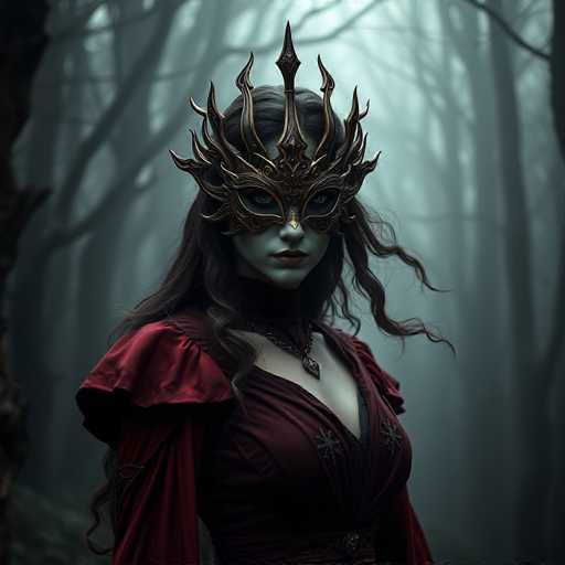 A woman is standing in front of a forest with her back turned towards the camera. She is wearing a red dress and a mask that has a gold crown on it. The mask appears to be made of metal and features intricate designs.