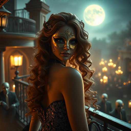 In this captivating image, a woman stands elegantly on a balcony, her back to the camera but her face turned towards the viewer. She wears a striking black dress adorned with intricate gold patterns, and a golden mask that covers her eyes and nose, leaving her lips and chin exposed. Her long, curly red hair cascades down her back, adding a vibrant touch to her sophisticated appearance. The balcony, made of black wood, frames her figure perfectly.

To her left, a man dressed in a black suit and white tie sits on the balcony railing, his face obscured by a silver mask. He appears to be gazing off into the distance, adding an element of mystery to the scene. Below the balcony, three more men in black suits and white ties stand, also wearing silver masks that hide their identities. They are positioned in front of a building with a warm, yellow light glowing from its windows, casting a gentle glow on the surroundings.

The night sky above is a deep blue, dominated by a large, luminous moon that illuminates the entire scene. The moonlight bathes the woman's face in a soft glow, highlighting her features and creating a dramatic contrast against the dark sky. The overall atmosphere is one of elegance, intrigue, and a touch of the surreal, as if plucked from a high-fashion magazine or a dreamy night scene.