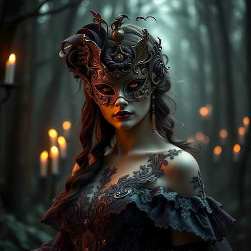 In this captivating image, a woman stands in a dense forest, her presence accentuated by the soft glow of numerous candles scattered around her. She is adorned in an elaborate, off-the-shoulder dress that features intricate floral patterns and lace detailing, with a prominent gold clasp at the center of her chest. Her long, dark brown hair cascades down, framing her face, which is partially obscured by an ornate mask. The mask, crafted from a golden material, covers her eyes and nose, with a striking blue feather protruding from the top. Her eyes, a mesmerizing yellow, peer through the mask, adding an air of mystery. She wears long, dangling earrings that complete her elegant ensemble. The background is a blur of towering trees, enhancing the enchanting and slightly eerie atmosphere of the scene.