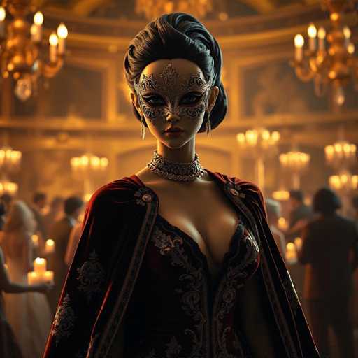 A woman stands in front of a grand room with gold accents and chandeliers hanging from the ceiling. She is wearing a red cape and a mask that conceals her face. The woman's attire includes a long dress adorned with intricate gold embroidery and a matching headpiece, which adds to the regal atmosphere of the scene.