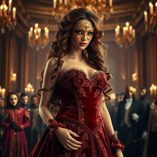 The image depicts a woman wearing a red dress with gold accents and a mask on her face, standing in front of a group of people dressed in formal attire. The background features ornate chandeliers hanging from the ceiling, creating an opulent atmosphere.