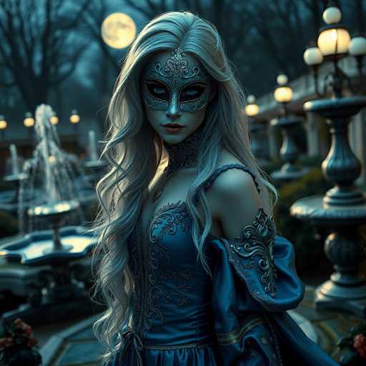 A woman with long blonde hair is standing in front of a fountain and wearing a blue dress adorned with gold accents. She has a mask on her face that features intricate designs. The setting appears to be an outdoor garden or park area, as indicated by the presence of trees and other plants around the fountain.