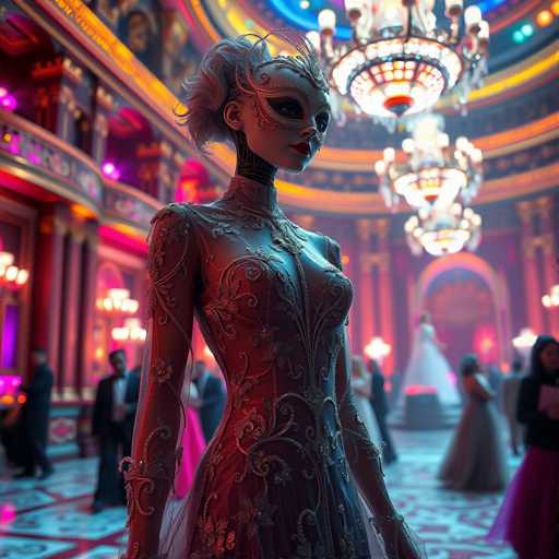 The image depicts a grand, opulent ballroom with a high ceiling adorned with multiple chandeliers. The room is filled with elegantly dressed men and women, suggesting a formal event. In the foreground stands a striking woman, possibly a robot, with a pale complexion and short hair. She wears a distinctive mask that covers her eyes and nose, leaving her lips and chin exposed. Her attire is a form-fitting dress with intricate floral designs, featuring a deep neckline that reveals her cleavage. The dress is adorned with gold and silver embellishments, adding to her regal appearance. She also sports a sheer veil that drapes over her head and extends down to her waist. The ballroom's floor is tiled in a pattern of white and red, and the walls are lined with numerous lights, enhancing the room's luxurious ambiance.