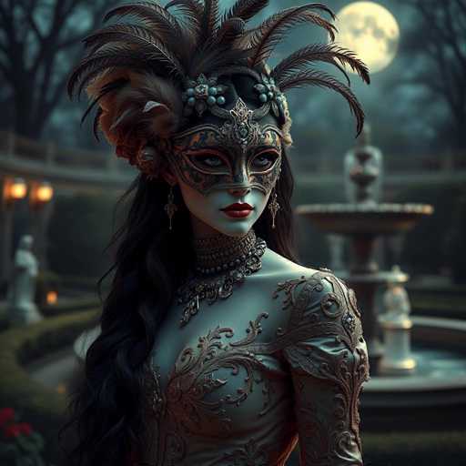 In this captivating nighttime scene, a woman stands gracefully in the foreground, adorned in an exquisite mask that covers her eyes and nose. The mask, intricately designed with a silver frame, features a striking blue flower embellished with turquoise beads at its center. Her long, dark hair cascades down, framing her pale face and vibrant red lips. She wears a stunning dress with a low neckline, intricately decorated with silver floral patterns that extend over her shoulders and arms. A matching choker adorns her neck, adding to her elegant appearance.

The background reveals a serene garden illuminated by the soft glow of a full moon, casting a silvery light over the scene. A grand fountain stands behind her, its basin filled with water, and a statue perched atop it. To the left, a stone wall with a railing is visible, adorned with two lanterns that cast a warm light. Further in the distance, a statue of a woman adds to the enchanting ambiance of this picturesque setting.