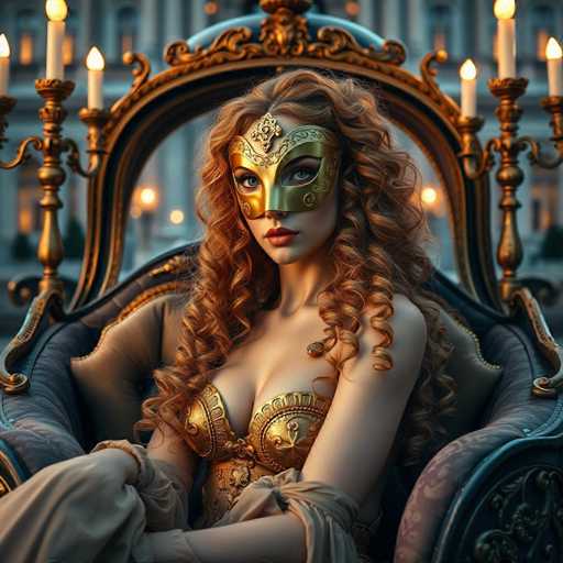 The image depicts a woman seated in an ornate, antique-style chair with a dark blue velvet cushion and intricate gold trim. The chair features a high, arched back adorned with four candelabras, each holding a lit white candle. The woman, with long, curly red hair cascading over her shoulders, is wearing a golden mask that covers her eyes and nose, leaving her striking blue eyes and red lips visible. She is dressed in a golden bustier with a corset-like design, complemented by a sheer, beige shawl draped over her arms. The background is blurred, revealing a grand building with tall columns and windows, suggesting an elegant, possibly historic setting. The overall scene exudes a sense of opulence and timeless beauty.
