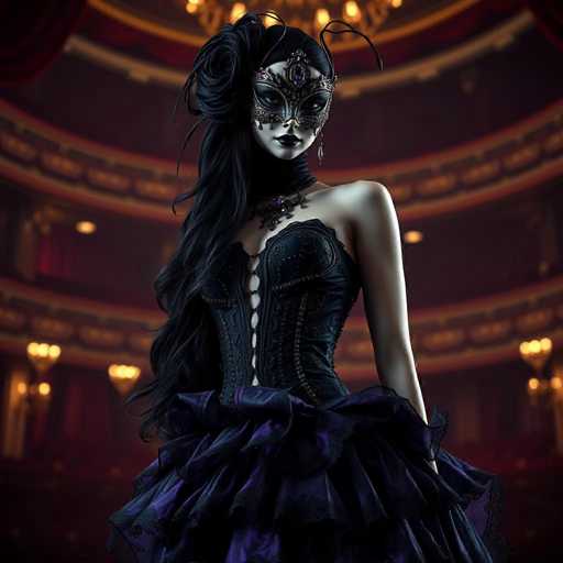 The image depicts a strikingly beautiful woman standing in the center of a grand, ornate theater. She is adorned in an elaborate black dress with a corset-like bodice and a voluminous skirt that flares out dramatically. Her dress features intricate beading and a row of white buttons running down the front. Around her neck, she wears a black choker necklace embellished with a large purple jewel.

Her long, dark hair cascades over her right shoulder, styled into a voluminous bun at the back. She wears a black masquerade mask that covers her eyes and nose, adorned with a purple jewel at the center and dangling earrings. The mask's design includes two black feathers extending from the top.

The theater setting around her is grand, with multiple levels of balconies and seats. The walls are painted in rich hues of red and gold, and the ceiling is a deep burgundy. Golden chandeliers hang from the ceiling, casting a warm glow over the scene. The woman stands with her left arm at her side, exuding an air of elegance and mystery.