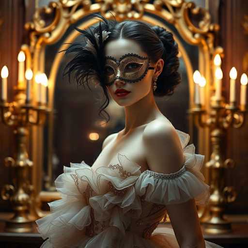 In this captivating image, a woman is elegantly dressed in a frilly white gown adorned with intricate lace details. Her attire is complemented by a striking black mask that covers her eyes, featuring delicate lace trim and a prominent black feather on the left side. Her dark hair is styled in an elegant updo, with a few strands gracefully framing her face. She wears bold red lipstick and a single visible earring, adding to her sophisticated appearance. The woman is posed with her body angled to the left, yet her face is turned towards the camera, creating a sense of intrigue. The background is softly blurred, revealing a grand mirror with an ornate gold frame and two candelabras on either side, each holding lit candles. The overall ambiance is one of timeless elegance and mystery.