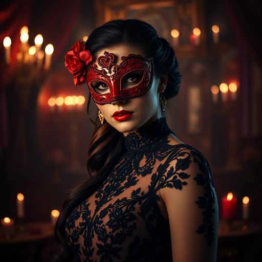 In this captivating image, a woman stands elegantly in the center, adorned in a striking black lace dress. The dress features intricate floral patterns woven into the fabric, adding a touch of sophistication to her ensemble. Her long, dark brown hair cascades down her left shoulder, complementing the dress's delicate design. She wears a vibrant red mask that covers her eyes, adorned with a heart-shaped embellishment at the top and a floral pattern along the sides. A red rose is delicately placed on the left side of her head, enhancing the mask's allure. Her lips are painted a bold red, and she sports gold earrings that catch the light. The background is softly blurred, revealing a dimly lit room with a table adorned with candles, casting a warm glow. The walls are decorated with framed pictures, adding to the room's intimate and refined atmosphere.
