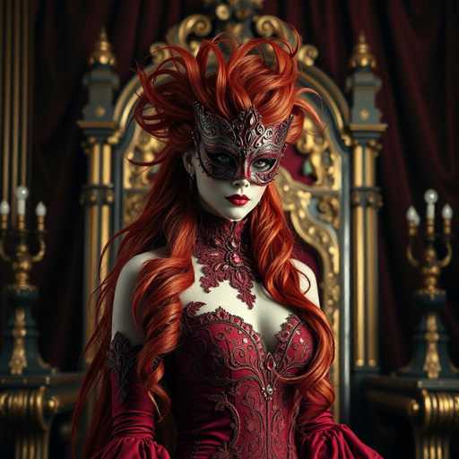 This image depicts a strikingly beautiful woman with long, flowing red hair that cascades down to her waist. She is adorned in a luxurious red dress embellished with intricate gold designs, which accentuates her elegant appearance. Her pale complexion is complemented by a dramatic red mask that covers her eyes, adding an air of mystery and allure. The mask features elaborate gold detailing, enhancing the overall opulence of her ensemble. She stands poised in front of an ornate gold throne, which is set against a backdrop of rich red curtains, creating a regal and theatrical atmosphere. The combination of her vibrant hair, the opulent dress, and the grand setting evokes a sense of drama and elegance, reminiscent of a scene from a high-end fashion show or a grand performance.