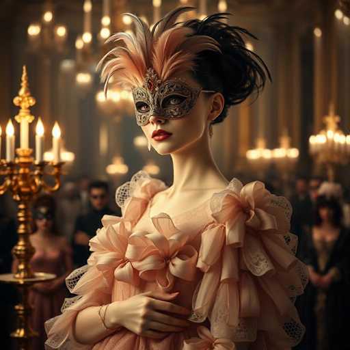 In this captivating image, a woman stands elegantly in a grand ballroom, exuding an air of mystery and sophistication. She is adorned in a stunning pink dress, intricately detailed with lace and adorned with large, fluffy bows that add a touch of whimsy to her ensemble. Her dress features a delicate lace bodice, perfectly complementing her fair complexion and striking red lips. 

Her hair is styled in an elaborate updo, with soft pink feathers cascading from the top of her head, adding a touch of ethereal beauty. She wears a mask that covers her eyes, adorned with intricate designs and a prominent red jewel at its center, enhancing the enigmatic allure of her appearance. 

The ballroom around her is opulent, with tall ceilings and walls that shimmer in shades of gold and gray. The space is filled with other elegantly dressed attendees, their figures slightly blurred, creating a sense of depth and focus on the central figure. 

To the left of the woman, a candelabra with four lit candles casts a warm glow, adding to the romantic ambiance. The overall scene is one of grandeur and elegance, capturing a moment frozen in time, rich with emotion and beauty.