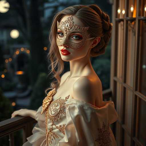 This image portrays a highly detailed, computer-generated or AI-generated rendering of a woman in a masquerade ball setting. The woman, who has fair skin and brown hair styled in an elaborate updo with a braid, is wearing a golden masquerade mask that covers her eyes and nose, leaving her striking blue eyes and vivid red lips visible. She is dressed in a cream-colored, off-the-shoulder gown adorned with intricate gold embroidery and a prominent gold brooch at the center of her chest. Her pose is elegant, with her left hand resting on a dark brown wooden balcony railing, while her body is angled to the left. The background features a blurred, nighttime cityscape with illuminated buildings and trees, adding to the mysterious and enchanting atmosphere of the scene.