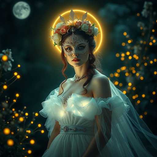 The image portrays a young woman, possibly in her early 20s, dressed in an elaborate white gown reminiscent of a wedding dress. She stands with her body facing left, but her head is turned towards the viewer, revealing her brown eyes and red lips beneath a white lace mask that covers her nose and forehead. Her dark brown hair is styled in a ponytail, adorned with a crown of white and pink roses. A glowing yellow halo encircles her head, adding a mystical aura to her appearance. She wears a thick, silver belt around her waist, and a delicate veil drapes from her back. The background features a dark night sky with a full moon in the upper left corner, and the scene is illuminated by numerous yellow lights resembling fireflies or small lanterns, particularly concentrated on the left and right sides of the image.