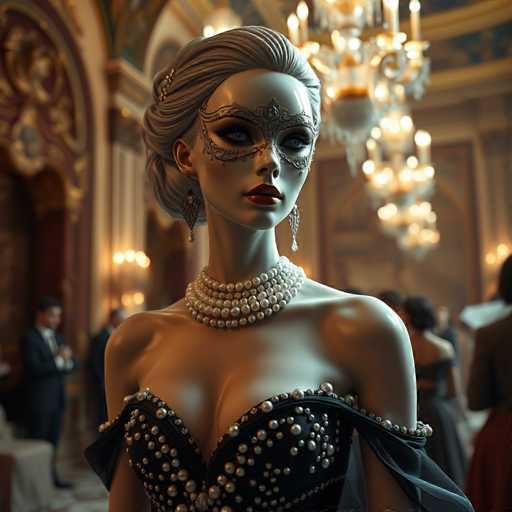 A stunning, AI-generated image showcases a close-up of a woman's face, neck, and shoulders. She is adorned in an exquisite black dress embellished with intricate silver beads. Her fair skin contrasts beautifully with her vibrant red lips, and her eyes are accentuated by dramatic black eyeliner. Her hair, a blend of gray and blonde, is elegantly styled into a bun. She wears a delicate silver mask that adds an air of mystery to her appearance. Around her neck, she sports a luxurious multi-tiered pearl necklace, and her ears are adorned with long, dangling silver earrings. The background features a grand, ornate room with a chandelier hanging from the ceiling, adding to the opulent atmosphere. Several people are visible in the background, dressed in formal attire, suggesting a sophisticated event. The overall composition exudes a sense of elegance and refinement.