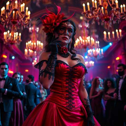 A captivating image of a woman dressed in an exquisite red corset adorned with intricate black lace details. The corset features a striking black lace placket that runs down the front, adding a touch of elegance and contrast. She wears long black lace gloves that extend up to her elbows, complementing her attire. Around her neck, she sports a black beaded necklace with a red rose centerpiece, adding a touch of romantic flair. Her face is partially obscured by a black mask that covers her eyes and nose, with delicate lace detailing that extends from her forehead down to her cheekbones. Her lips are painted a vivid red, and a large red flower with black feathers is perched atop her head, enhancing her dramatic appearance. The background is filled with people dressed in formal attire, including men in black suits and women in long dresses, suggesting a sophisticated event. The setting is illuminated by numerous chandeliers, casting a warm glow over the scene.