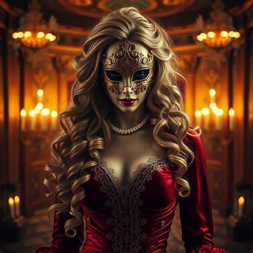 The image depicts a woman adorned in a striking red dress with intricate lace detailing. Her long, curly hair cascades down her shoulders, framing her face. She wears a golden mask that covers her eyes and nose, adding an air of mystery and elegance. Around her neck, she sports a delicate pearl necklace, complementing her sophisticated appearance. The background features a warm, orange glow, suggesting a candlelit setting that enhances the overall ambiance of the scene.