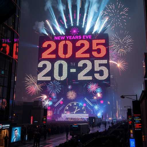 The image shows a large billboard with a clock and fireworks displaying the year "2025" on it. The billboard is located in Times Square, New York City, surrounded by buildings of various sizes and colors. A crowd of people can be seen walking around the area, adding to the bustling atmosphere.