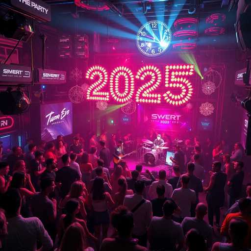 The image captures a vibrant concert scene set in a square-shaped venue. The stage, positioned centrally, is bathed in a pinkish-purple hue, creating an electrifying atmosphere. On stage, a drummer is energetically playing a drum set, while a guitarist stands to the left, adding to the dynamic performance. The audience, composed of both men and women, is gathered around the stage, fully immersed in the music. Above the stage, a large clock with a white face and black numbers prominently displays the time as 10:18. To the left of the clock, a digital screen showcases the year "2025" in bright yellow text. The word "SWEET" is also visible on the right side of the clock, adding a unique element to the scene. The overall ambiance is one of excitement and celebration, perfectly capturing the essence of a live music event.
