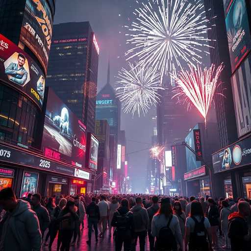 A vibrant nighttime scene captures a bustling crowd gathered in a city square, likely Times Square in New York City. The sky is illuminated with an array of fireworks, predominantly white with hints of red, creating a dazzling display. The square is surrounded by towering skyscrapers adorned with large, colorful billboards and advertisements. One prominent billboard features a man in a suit, while another displays an image of a white creature. The atmosphere is electric, with the crowd's excitement palpable as they watch the fireworks and explore the illuminated cityscape.