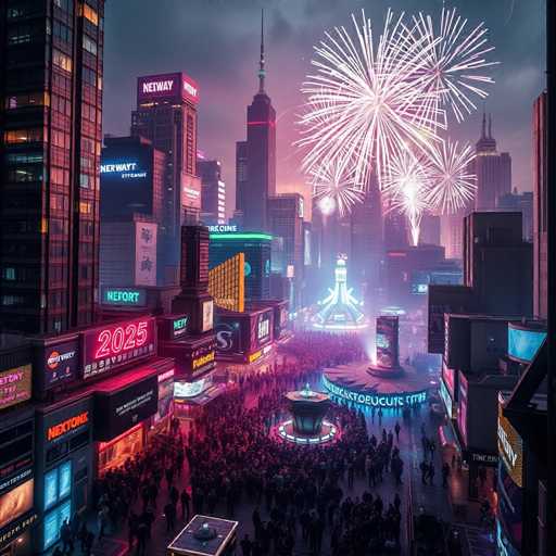This image depicts a vibrant, futuristic cityscape at night, likely AI-generated, showcasing a bustling urban environment illuminated by neon lights and fireworks. The scene is set in a large square with towering skyscrapers on the left side, adorned with various neon signs and billboards. Notable signs include "New Way" in white letters on a red background, "N-E-F-O-R-T" in green letters on a blue background, and "2025" in red letters on a black background. The sky is filled with white fireworks, adding to the celebratory atmosphere. In the center of the image, a crowd of people is gathered around a circular structure that resembles a statue or fountain, with a tall building in the background. The overall ambiance is dark and moody, with a mix of colors including black, white, gray, red, blue, green, yellow, and orange, creating a dynamic and immersive visual experience.