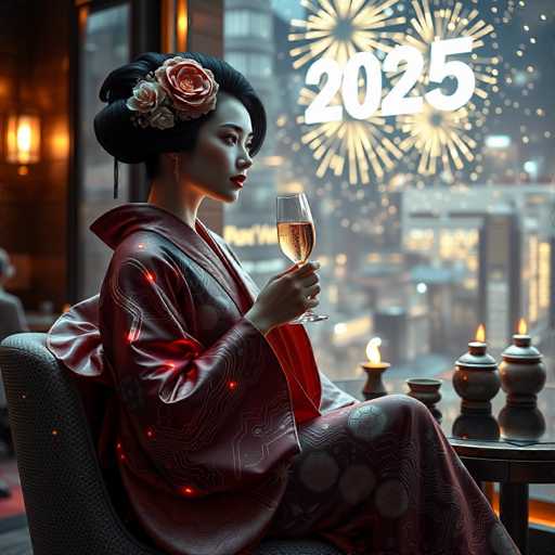 A woman is seated at a table with a glass of champagne and a flower in her hair. She is wearing a traditional Japanese kimono and the room has a window that offers a view of fireworks outside.