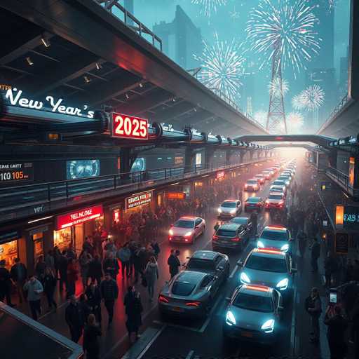 This image portrays a bustling city street at night, likely set in the year 2025, as indicated by a prominent sign. The scene is vibrant with numerous cars, including sports cars and sedans, all illuminated by their headlights, suggesting a festive atmosphere. The street is crowded with people walking along both sides, adding to the lively ambiance. Fireworks light up the sky, enhancing the celebratory mood, possibly indicating a New Year's Eve event. The street is lined with various businesses, including a radio station broadcasting on 100.105 FM. A bridge spans the street, connecting the two sides and adding to the urban landscape. The overall setting is colorful and dynamic, capturing the essence of a thriving city at night.