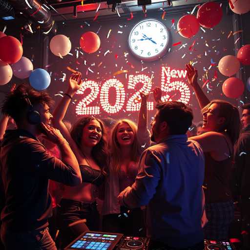 The image shows a group of people gathered around a DJ booth at a party. The DJ is playing music and the guests are dancing with their arms raised high in celebration. The room is filled with colorful balloons floating above them, adding to the festive atmosphere. A clock on the wall displays the time as "2025".