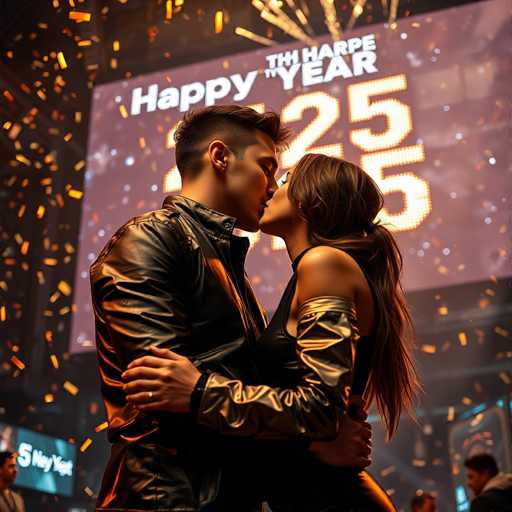 In this vibrant photograph, a couple shares a tender kiss amidst a festive atmosphere. The man, with short brown hair, is dressed in a sleek black leather jacket, while the woman, with long brown hair, wears a stylish black dress accentuated by a gold sleeve. They are surrounded by an array of orange and yellow confetti that cascades from above, adding a celebratory touch to the scene. Behind them, a large screen displays the message "Happy New Year" in bold white letters, with the year "2025" illuminated in bright orange numbers. The background is a mix of dark hues, punctuated by additional screens and a few indistinct figures, enhancing the lively ambiance of the New Year's celebration.