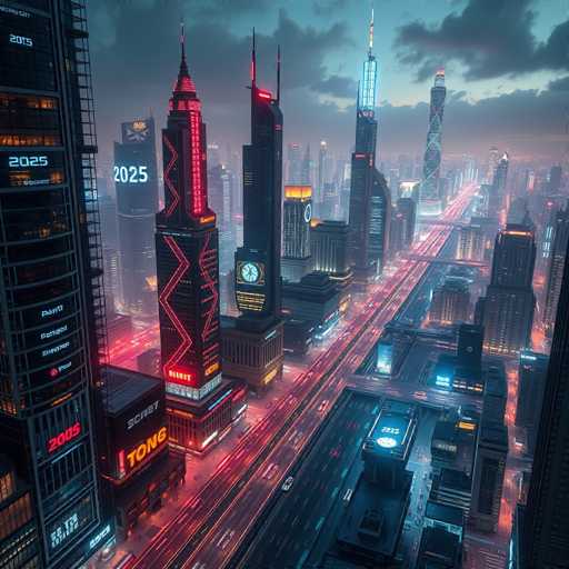 This image depicts a futuristic cityscape, likely AI-generated, showcasing a vibrant urban environment bathed in the soft light of dusk. The scene is dominated by towering skyscrapers adorned with neon lights, creating a dazzling display of colors. The sky is a blend of dark blue and gray, with clouds adding depth to the twilight atmosphere.

In the foreground, a busy street stretches from the bottom right corner towards the center of the image, illuminated by the streaks of red and white lights from moving vehicles. The street is flanked by numerous tall buildings, some of which feature prominent neon signs. One building on the left side displays the year "2025" in blue neon, while another building in the center also bears the year "2025" in white neon. Below this, the word "TONG" is illuminated in yellow neon.

Further down the street, another building showcases a clock with a blue face and white hands, adding to the city's intricate details. The overall scene is a mesmerizing blend of modern architecture and neon lights, painting a vivid picture of a bustling, high-tech metropolis.