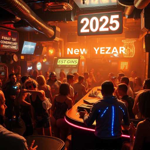 The image depicts a vibrant bar scene with a distinct orange hue. At the center of the bar, a neon sign displays the year "2025" in white letters. Surrounding the bar are numerous patrons, some of whom are wearing headphones. The ceiling is adorned with large silver ducts, adding an industrial touch to the setting. 

A notable feature is a screen displaying the hashtag "#STTEANE". Another prominent sign reads "New Yezar" in white letters, with "Yezar" spelled Y-E-Z-A-R. Additionally, there is a sign that says "EST GINS" in black letters on a yellow background. 

The bar itself is illuminated by a red neon light that traces its perimeter. A man stands behind the bar, wearing a hoodie with blue neon lights accentuating the back. The overall atmosphere is lively and futuristic, blending modern elements with a warm, orange glow.