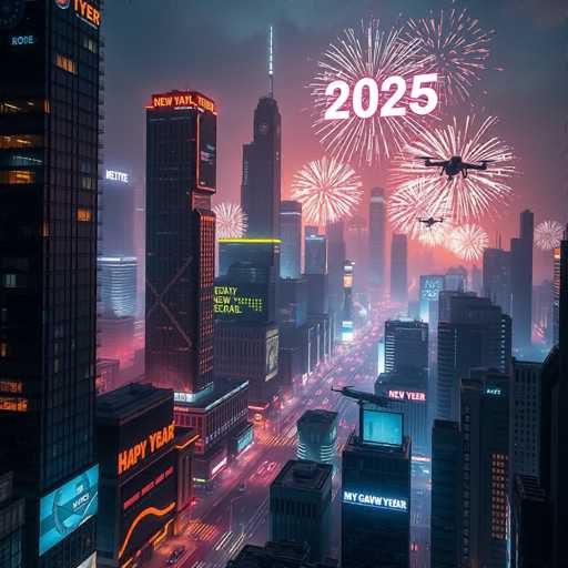 This image is a detailed, computer-generated depiction of a futuristic cityscape at night, likely representing a New Year's Eve celebration in 2025. The scene is dominated by towering skyscrapers, some of which are adorned with neon signs and advertisements. One prominent building features a sign that reads "Happy Year," while another displays "My G-A-W-Y-E-A-R." The sky is illuminated by a spectacular array of fireworks, with at least eight bursts visible, casting a vibrant glow over the city. Adding to the dynamic atmosphere, two helicopters can be seen flying above the urban landscape. The overall aesthetic is reminiscent of a cyberpunk or dystopian future, with a color palette dominated by blues, reds, and oranges, enhancing the sense of a bustling, high-tech metropolis.