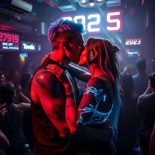 In this vibrant and intimate scene, a couple shares a tender kiss in the foreground of a bustling nightclub. The man, with short hair and a sleeveless shirt, has his arms wrapped around the woman, who has long hair and wears a black shirt. Both are adorned with tattoos; the man's ink is traditional, while the woman's features glowing blue lines, giving her a futuristic appearance. The club's atmosphere is electric, with neon signs and digital displays illuminating the space. A prominent sign reads "2023," and another partially visible sign includes the word "party." The background is filled with the energy of dancing patrons, some capturing the moment on their phones. The couple stands out as the focal point, bathed in a red glow that adds to the romantic ambiance of the scene.