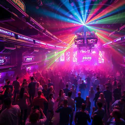 The image depicts a crowded indoor event space with people dancing and enjoying themselves under colorful spotlights that cast a rainbow of colors across the room. The ceiling is adorned with large speakers, contributing to the vibrant atmosphere. A large screen displays "2025" in white letters against a black background, possibly indicating the year or theme of the event.