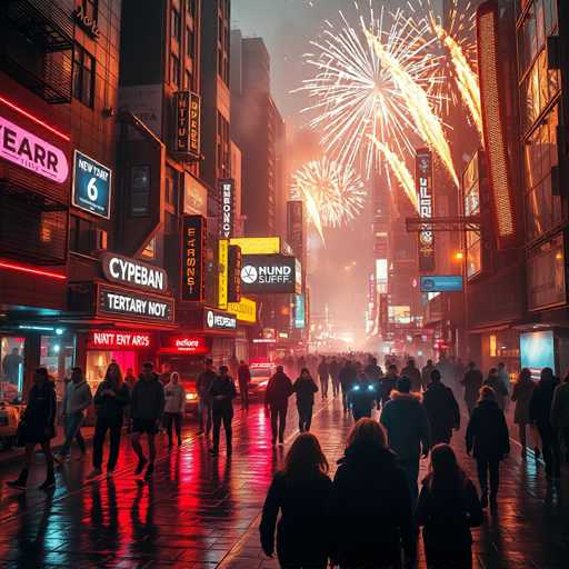 A vibrant, AI-generated image captures a bustling city street at night, illuminated by a dazzling display of fireworks. The scene is set in a futuristic urban environment, with towering buildings lining both sides of the street. Bright neon signs adorn the storefronts, casting a colorful glow over the wet pavement, which reflects the vivid hues of red, yellow, and blue. The street is filled with people, their figures rendered in a somewhat abstract, cartoonish style, adding to the surreal atmosphere. Despite the lively setting, the signs and text in the image are nonsensical, contributing to the dreamlike quality of the scene. The overall effect is a mesmerizing blend of reality and imagination, showcasing the capabilities of AI in creating imaginative and visually striking artwork.