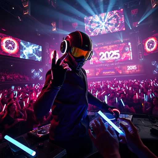 The image depicts a futuristic DJ performing at a concert, standing behind a table equipped with turntables and various DJ equipment. The DJ is wearing a sleek, black outfit that includes a helmet with a reflective visor, obscuring their face. They are also wearing black gloves and holding a glowing blue stick in their left hand, which they use to interact with the crowd. The DJ's right hand is raised, making a peace sign. Surrounding the DJ is a massive crowd of people, all holding glowing sticks in shades of blue, pink, and purple, creating a vibrant and dynamic atmosphere. The background features large screens displaying the year "2025" and a logo, adding to the high-tech ambiance of the event. The scene is filled with an array of colors, including black, white, gray, red, orange, yellow, green, and various shades of blue and purple, enhancing the overall visual spectacle.